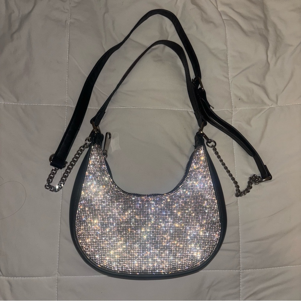Silver and black rhinestone shoulder bag with chain strap